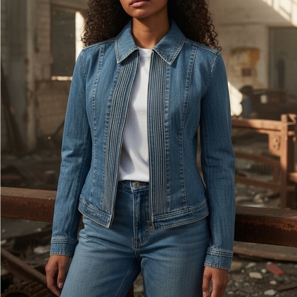 Vintage Escada Fitted Denim Zip Jacket Fine Stitch Detail Size Small - Picture 1 of 15